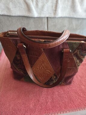 Fossil Patchwork Leather & Suede Satchel in Burgundy and Brown